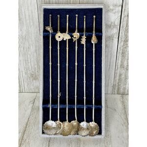 Antique Sterling Silver Long Bamboo Design Spoons with Charms Set of 6